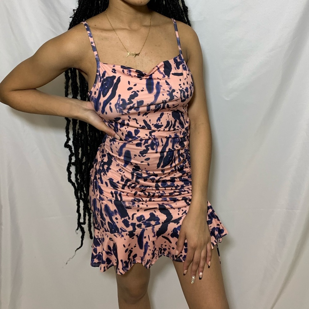 Navy blue& pink cowl neck dress